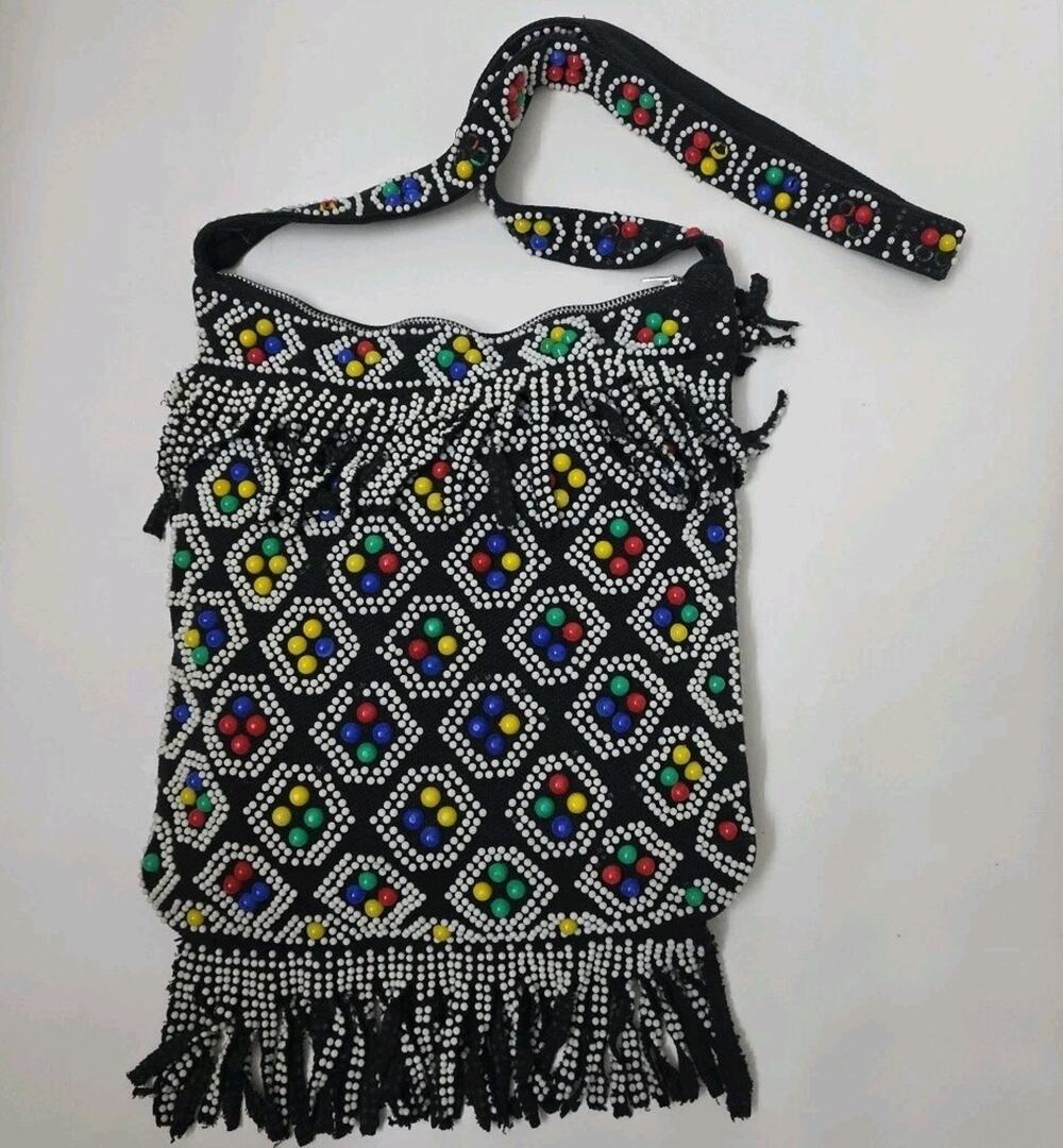 Vintage Beaded Candy Dot Purse Shoulder Bag Fringe Zipper Black Hippie Boho